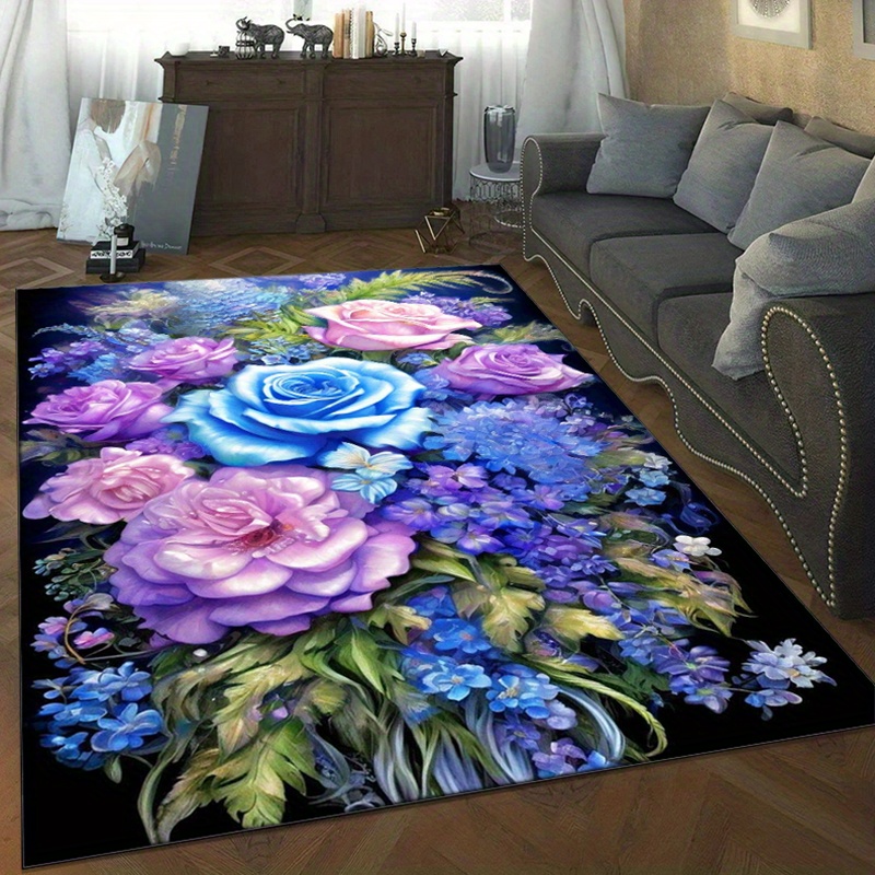 파란색과 보라색 장미가 있는 꽃무늬 러그는 거실의 우아 - Your Home Textiles 리뷰 및 가격